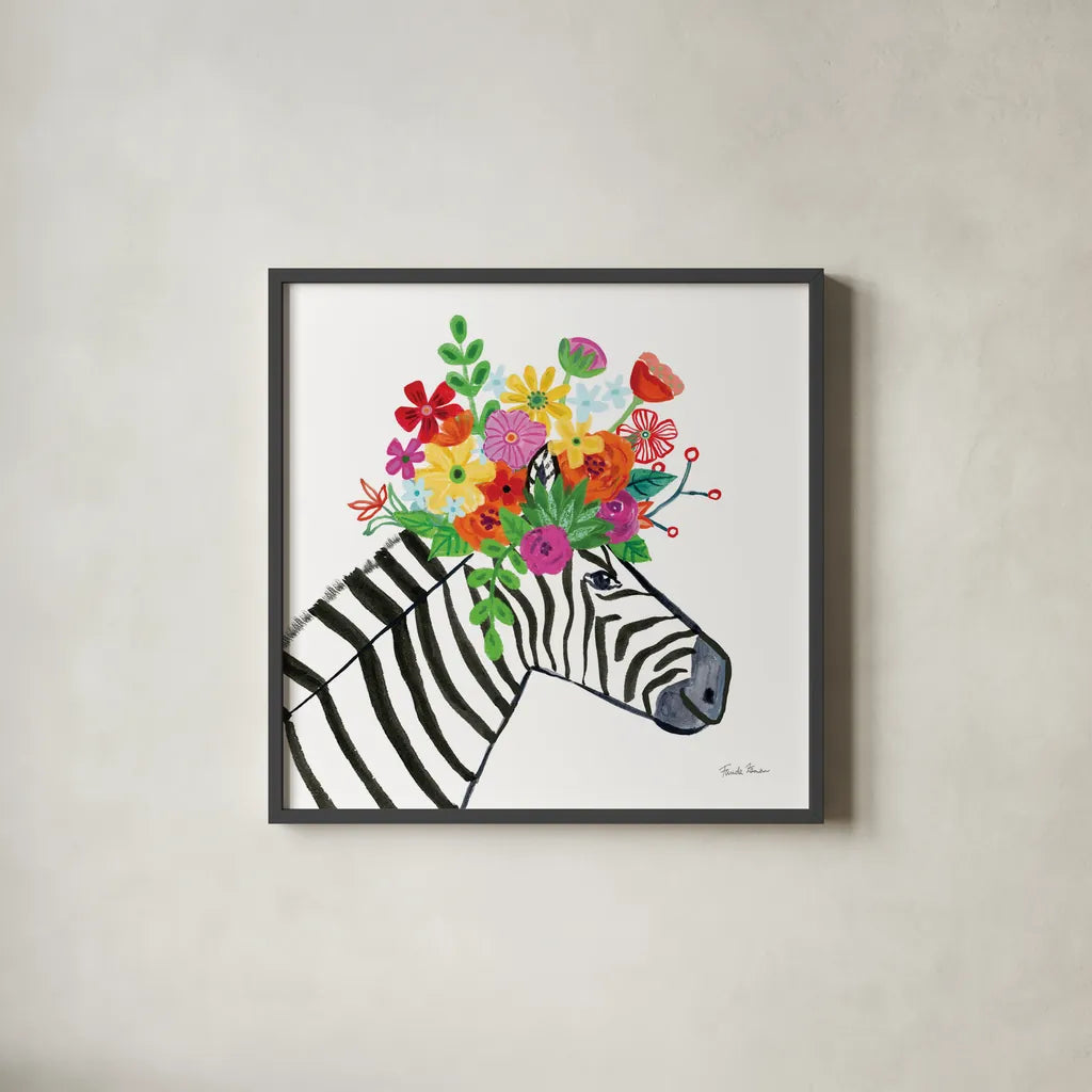 Decorative Animals I by Farida Zaman. Shown in a sleek black glass frame for a contemporary gallery look. Available as an archival giclee rolled canvas, fine art paper, or poster print. SKU 62752a.