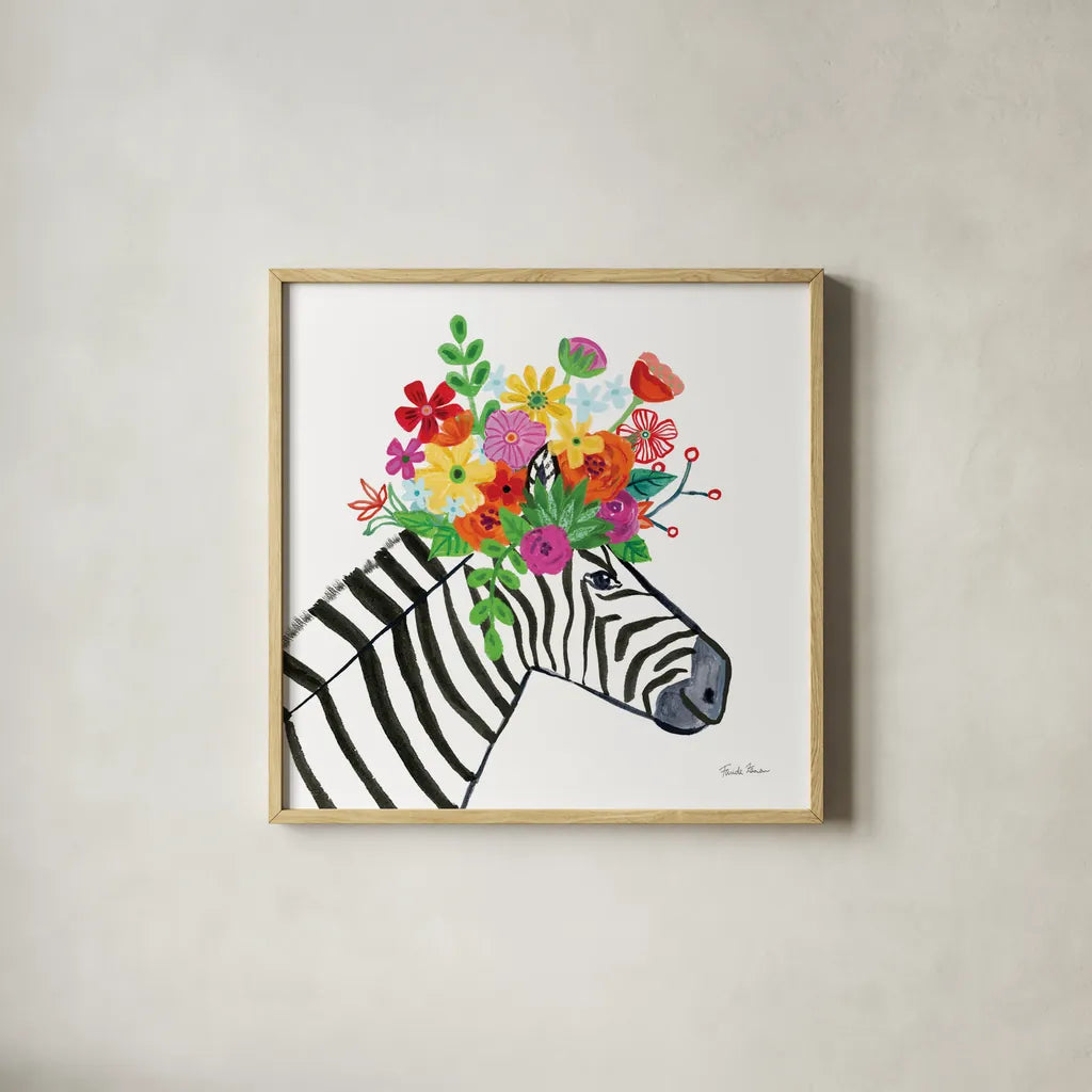 Decorative Animals I by Farida Zaman. Shown in a natural wood glass frame for a timeless modern aesthetic. Available as an archival giclee rolled canvas, fine art paper, or poster print. SKU 62752a.