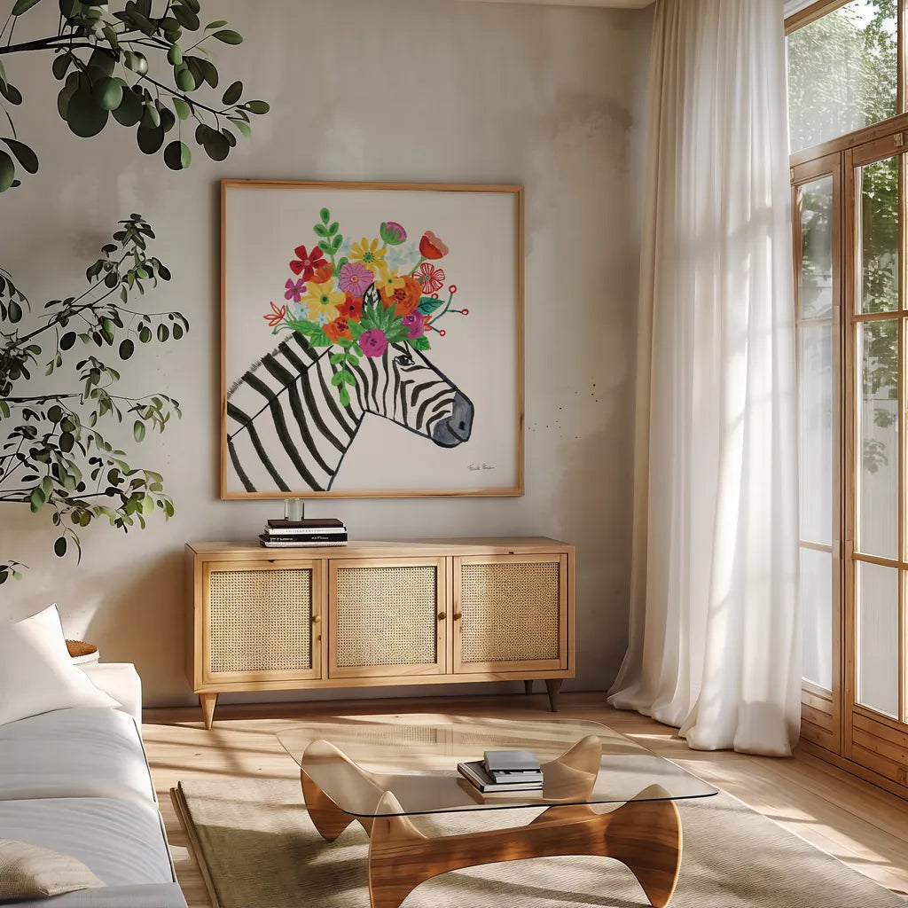 Decorative Animals I by Farida Zaman. Shown in a natural wood frame in a cozy modern living room. Available as an archival giclee rolled canvas, fine art paper, or poster print. SKU 62752a.