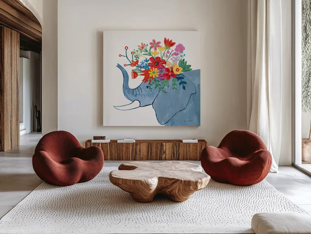 Decorative Animals II by Farida Zaman. Shown as extra-large giant wall art in a modern living room. Available as an archival giclee rolled canvas, fine art paper, or poster print. SKU 62753a.