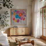 Delicate Flair I by Farida Zaman. Shown in a natural wood frame in a cozy modern living room. Available as an archival giclee rolled canvas, fine art paper, or poster print. SKU 38699a.
