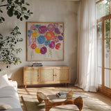 Delicate Flair I Pastel by Farida Zaman. Shown in a natural wood frame in a cozy modern living room. Available as an archival giclee rolled canvas, fine art paper, or poster print. SKU 42905a.