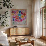 Delicate Flair II by Farida Zaman. Shown in a natural wood frame in a cozy modern living room. Available as an archival giclee rolled canvas, fine art paper, or poster print. SKU 38700a.
