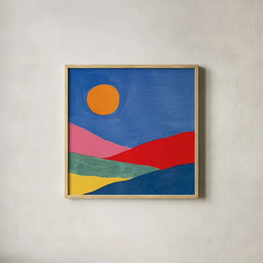 Desert Landscape I by Farida Zaman. Shown in a natural wood glass frame for a timeless modern aesthetic. Available as an archival giclee rolled canvas, fine art paper, or poster print. SKU 65333a.