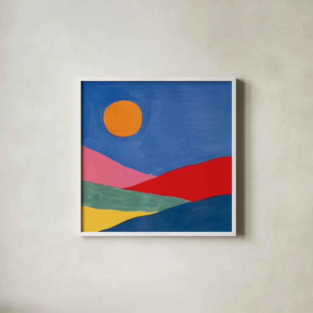 Desert Landscape I by Farida Zaman. Shown in a crisp white glass frame for a clean and minimalist style. Available as an archival giclee rolled canvas, fine art paper, or poster print. SKU 65333a.