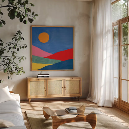 Desert Landscape I by Farida Zaman. Shown in a natural wood frame in a cozy modern living room. Available as an archival giclee rolled canvas, fine art paper, or poster print. SKU 65333a.