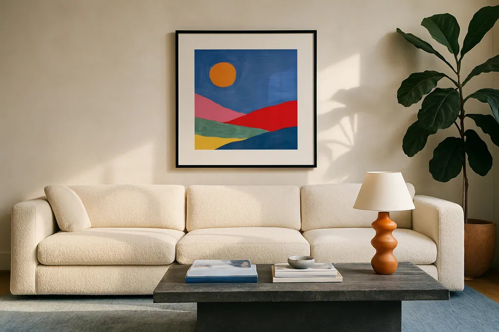 Desert Landscape I by Farida Zaman. Displayed in a glass frame with matte in a clean modern living room. Available as an archival giclee rolled canvas, fine art paper, or poster print. SKU 65333a.