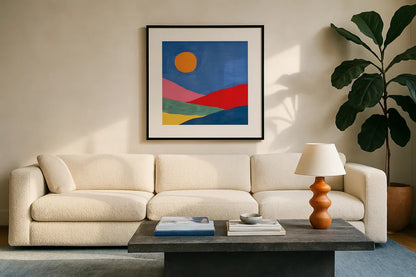 Desert Landscape I by Farida Zaman. Displayed in a glass frame with matte in a clean modern living room. Available as an archival giclee rolled canvas, fine art paper, or poster print. SKU 65333a.