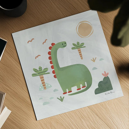 Dino Fun I by Farida Zaman. Shown as a detailed flat fine art print, highlighting archival giclee quality. Available as an archival giclee rolled canvas, fine art paper, or poster print. SKU 90107a.