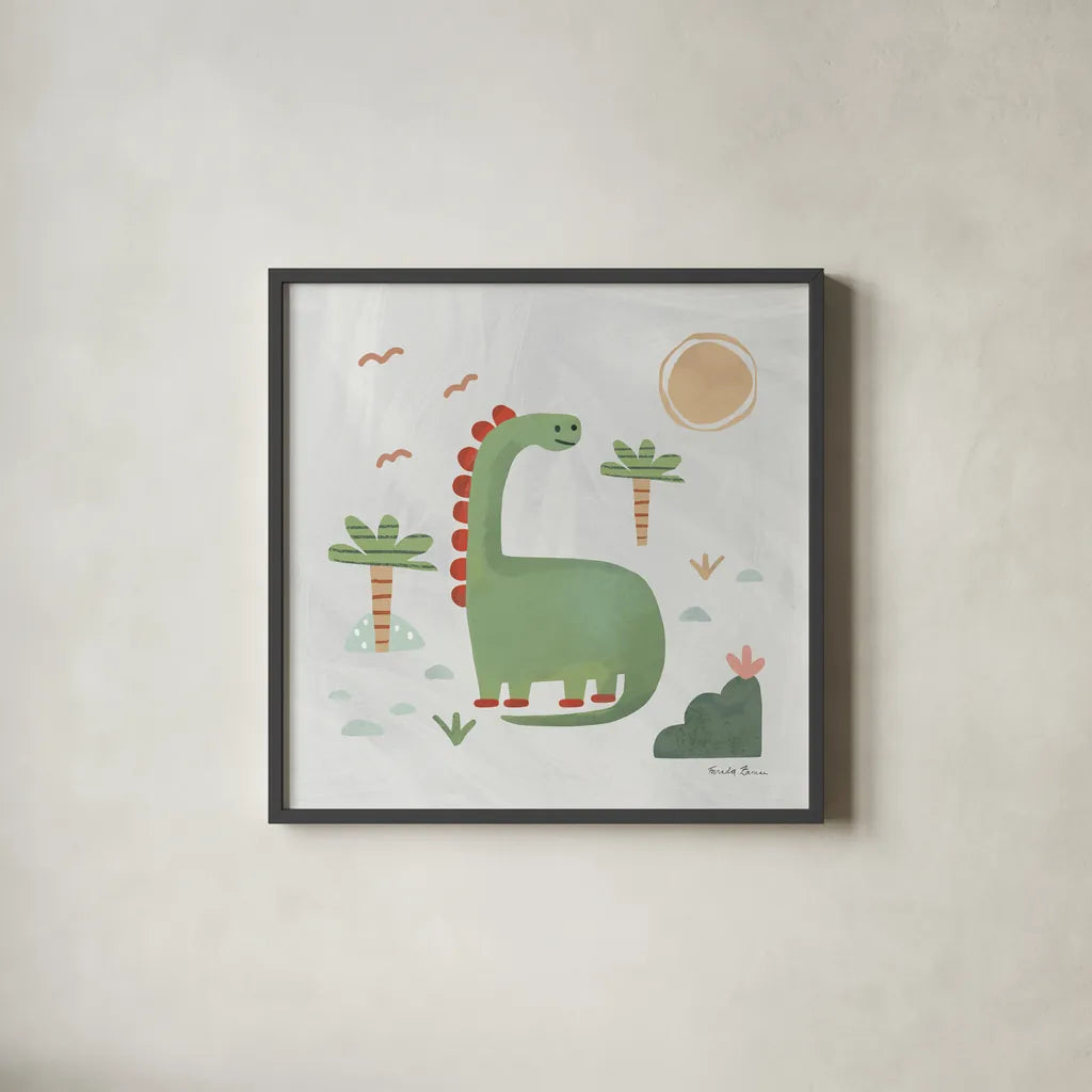 Dino Fun I by Farida Zaman. Shown in a sleek black glass frame for a contemporary gallery look. Available as an archival giclee rolled canvas, fine art paper, or poster print. SKU 90107a.
