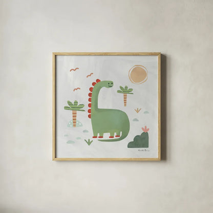Dino Fun I by Farida Zaman. Shown in a natural wood glass frame for a timeless modern aesthetic. Available as an archival giclee rolled canvas, fine art paper, or poster print. SKU 90107a.