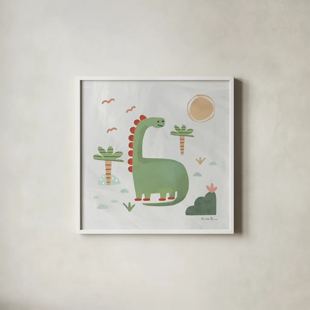 Dino Fun I by Farida Zaman. Shown in a crisp white glass frame for a clean and minimalist style. Available as an archival giclee rolled canvas, fine art paper, or poster print. SKU 90107a.