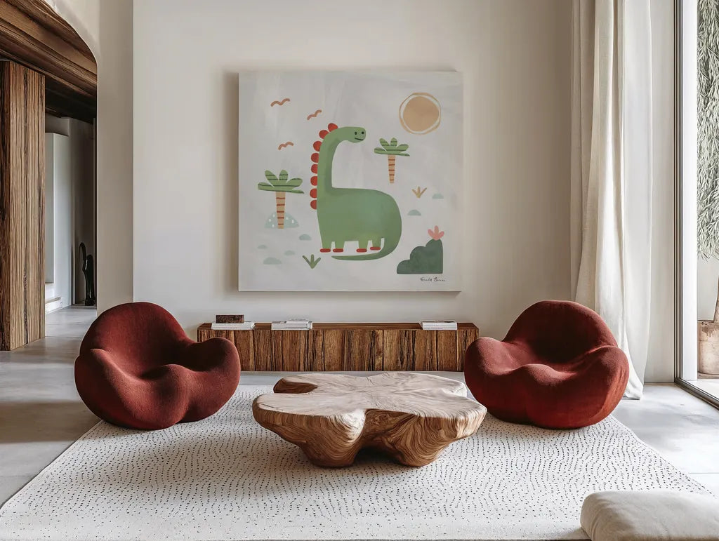Dino Fun I by Farida Zaman. Shown as extra-large giant wall art in a modern living room. Available as an archival giclee rolled canvas, fine art paper, or poster print. SKU 90107a.