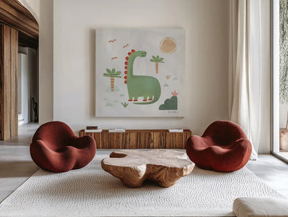 Dino Fun I by Farida Zaman. Shown as extra-large giant wall art in a modern living room. Available as an archival giclee rolled canvas, fine art paper, or poster print. SKU 90107a.
