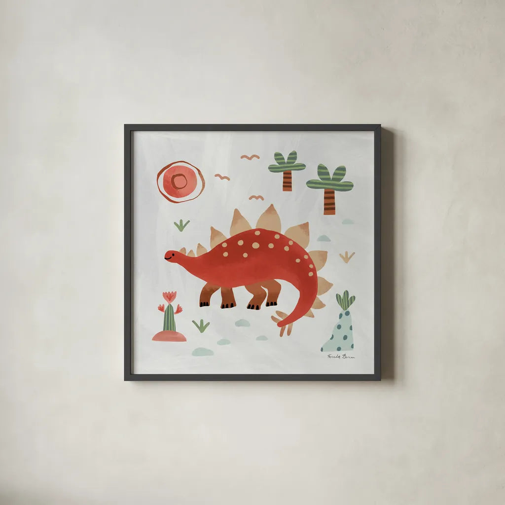 Dino Fun II by Farida Zaman. Shown in a sleek black glass frame for a contemporary gallery look. Available as an archival giclee rolled canvas, fine art paper, or poster print. SKU 90108a.