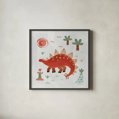 Dino Fun II by Farida Zaman. Shown in a sleek black glass frame for a contemporary gallery look. Available as an archival giclee rolled canvas, fine art paper, or poster print. SKU 90108a.