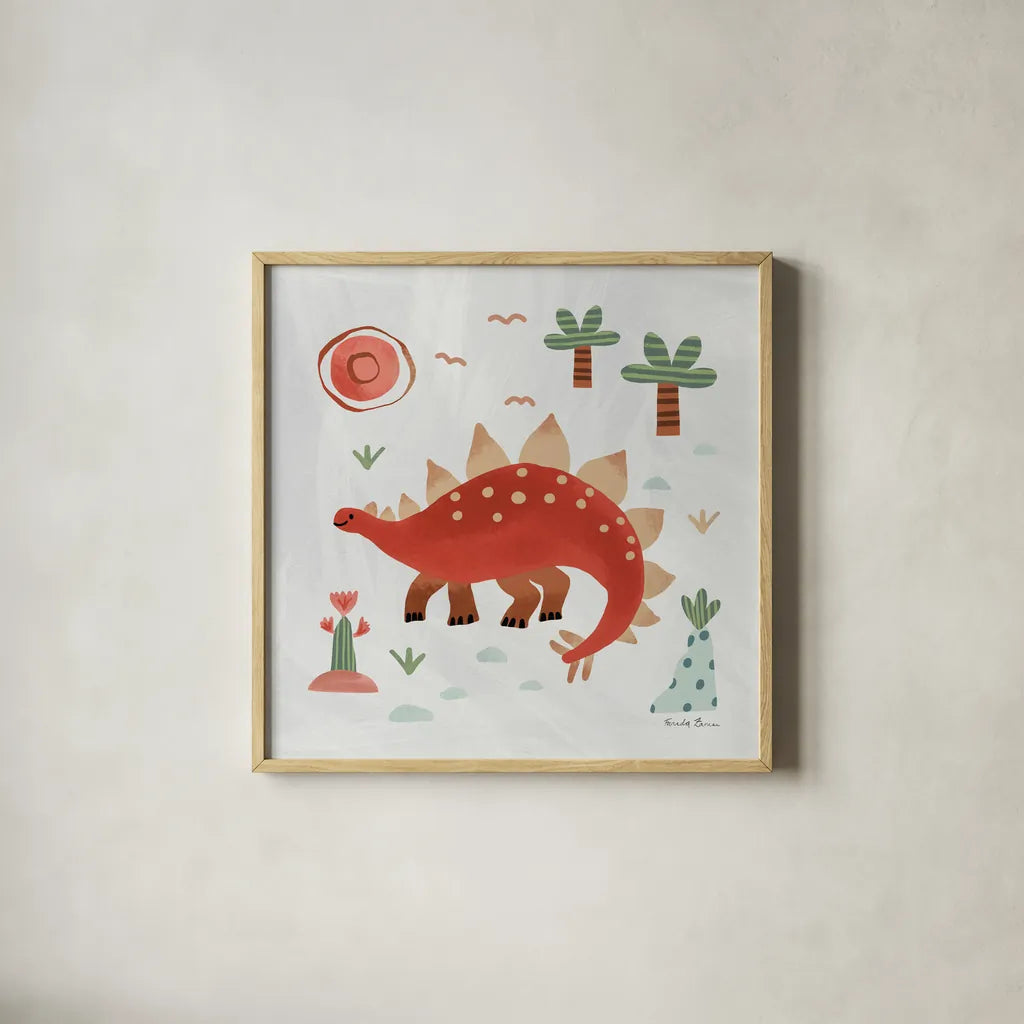 Dino Fun II by Farida Zaman. Shown in a natural wood glass frame for a timeless modern aesthetic. Available as an archival giclee rolled canvas, fine art paper, or poster print. SKU 90108a.