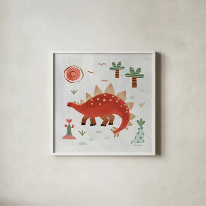 Dino Fun II by Farida Zaman. Shown in a crisp white glass frame for a clean and minimalist style. Available as an archival giclee rolled canvas, fine art paper, or poster print. SKU 90108a.