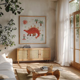 Dino Fun II by Farida Zaman. Shown in a natural wood frame in a cozy modern living room. Available as an archival giclee rolled canvas, fine art paper, or poster print. SKU 90108a.