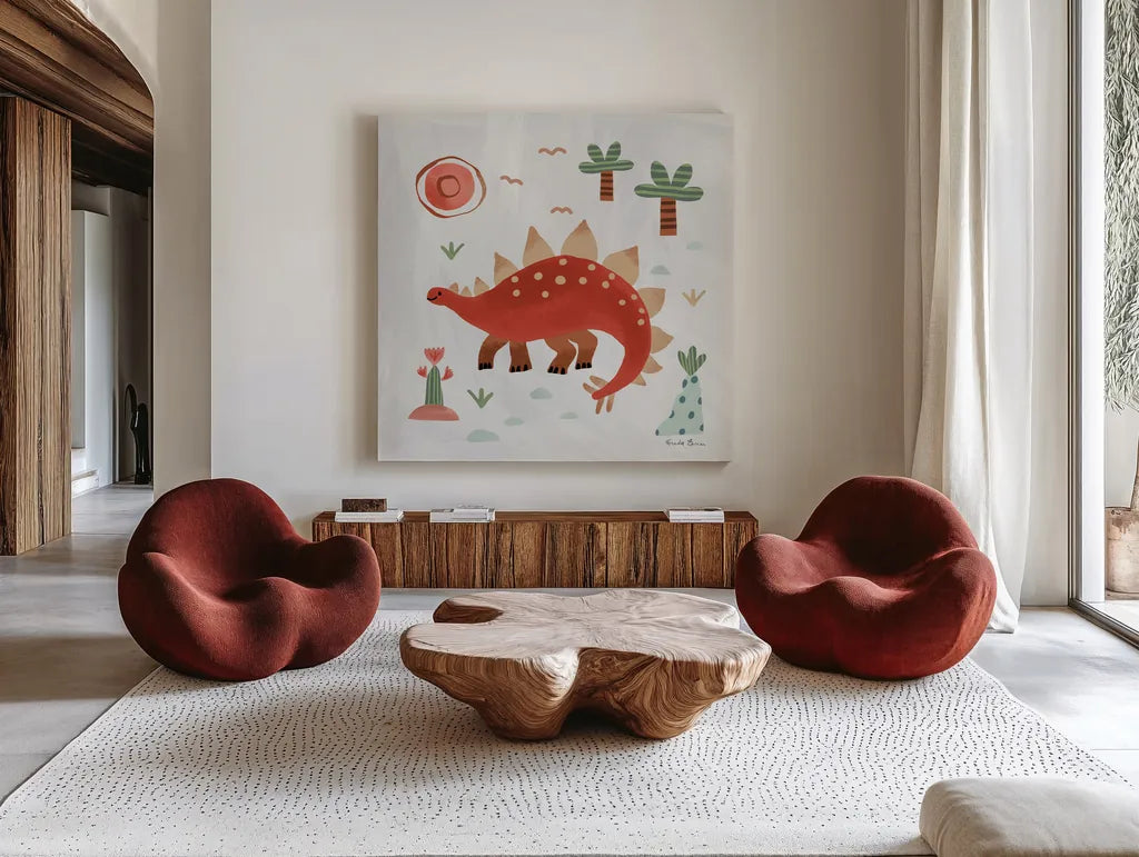 Dino Fun II by Farida Zaman. Shown as extra-large giant wall art in a modern living room. Available as an archival giclee rolled canvas, fine art paper, or poster print. SKU 90108a.