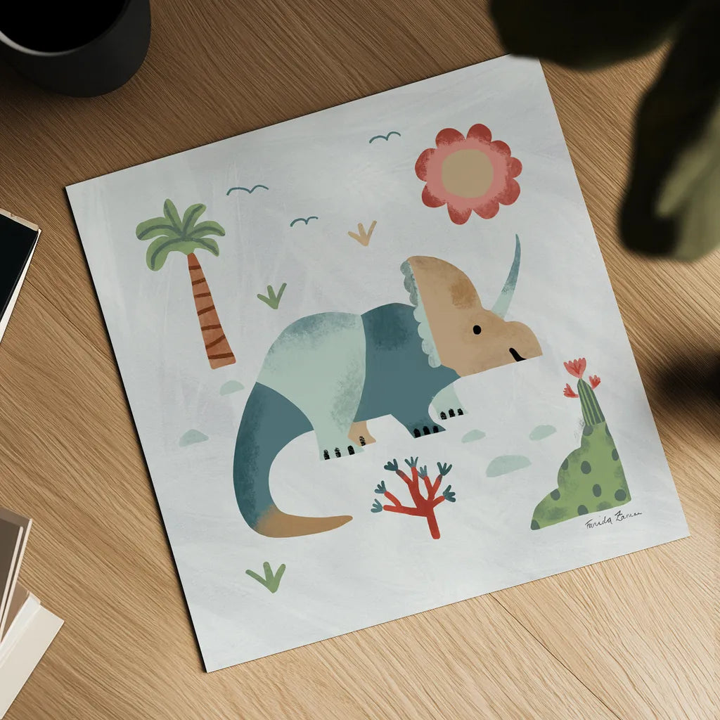 Dino Fun III by Farida Zaman. Shown as a detailed flat fine art print, highlighting archival giclee quality. Available as an archival giclee rolled canvas, fine art paper, or poster print. SKU 90109a.