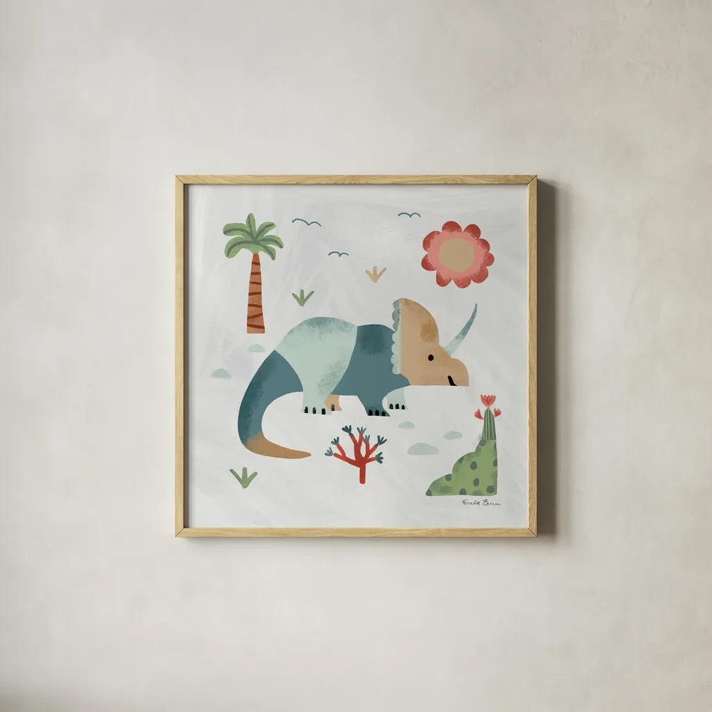 Dino Fun III by Farida Zaman. Shown in a natural wood glass frame for a timeless modern aesthetic. Available as an archival giclee rolled canvas, fine art paper, or poster print. SKU 90109a.
