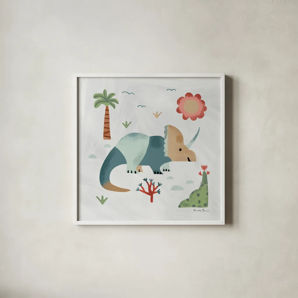 Dino Fun III by Farida Zaman. Shown in a crisp white glass frame for a clean and minimalist style. Available as an archival giclee rolled canvas, fine art paper, or poster print. SKU 90109a.