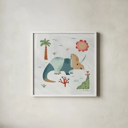 Dino Fun III by Farida Zaman. Shown in a crisp white glass frame for a clean and minimalist style. Available as an archival giclee rolled canvas, fine art paper, or poster print. SKU 90109a.