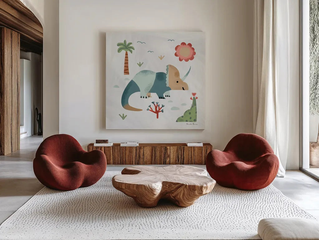 Dino Fun III by Farida Zaman. Shown as extra-large giant wall art in a modern living room. Available as an archival giclee rolled canvas, fine art paper, or poster print. SKU 90109a.