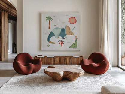 Dino Fun III by Farida Zaman. Shown as extra-large giant wall art in a modern living room. Available as an archival giclee rolled canvas, fine art paper, or poster print. SKU 90109a.