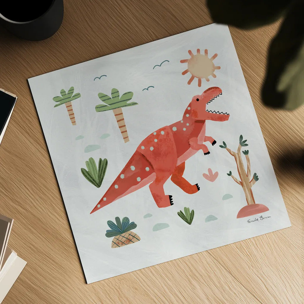 Dino Fun IV by Farida Zaman. Shown as a detailed flat fine art print, highlighting archival giclee quality. Available as an archival giclee rolled canvas, fine art paper, or poster print. SKU 90110a.