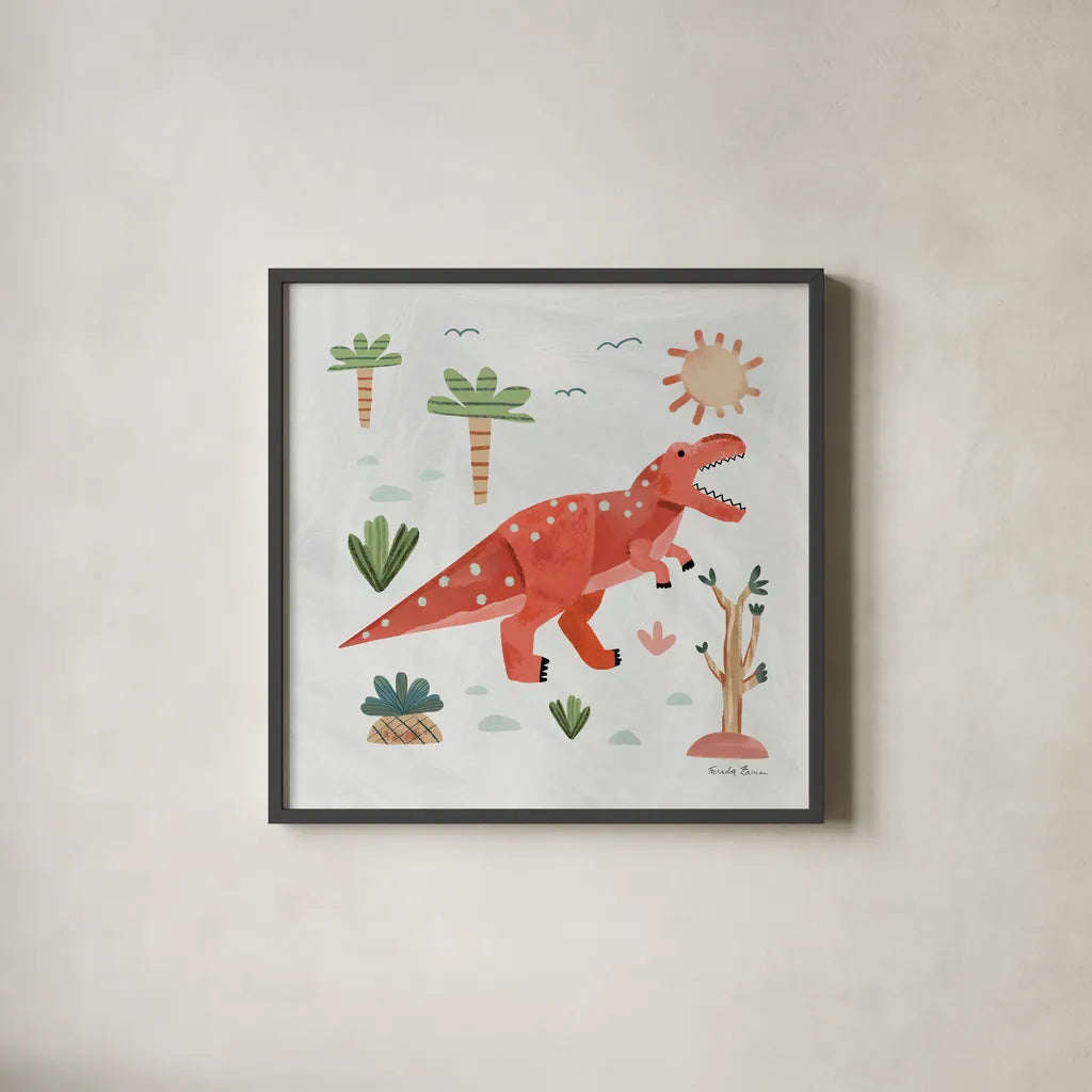 Dino Fun IV by Farida Zaman. Shown in a sleek black glass frame for a contemporary gallery look. Available as an archival giclee rolled canvas, fine art paper, or poster print. SKU 90110a.