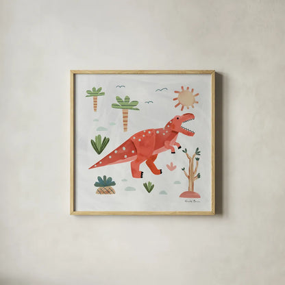 Dino Fun IV by Farida Zaman. Shown in a natural wood glass frame for a timeless modern aesthetic. Available as an archival giclee rolled canvas, fine art paper, or poster print. SKU 90110a.