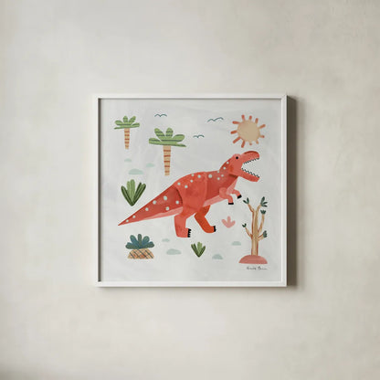 Dino Fun IV by Farida Zaman. Shown in a crisp white glass frame for a clean and minimalist style. Available as an archival giclee rolled canvas, fine art paper, or poster print. SKU 90110a.