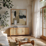 Earthy Abstract I by Farida Zaman. Shown in a natural wood frame in a cozy modern living room. Available as an archival giclee rolled canvas, fine art paper, or poster print. SKU 61073a.