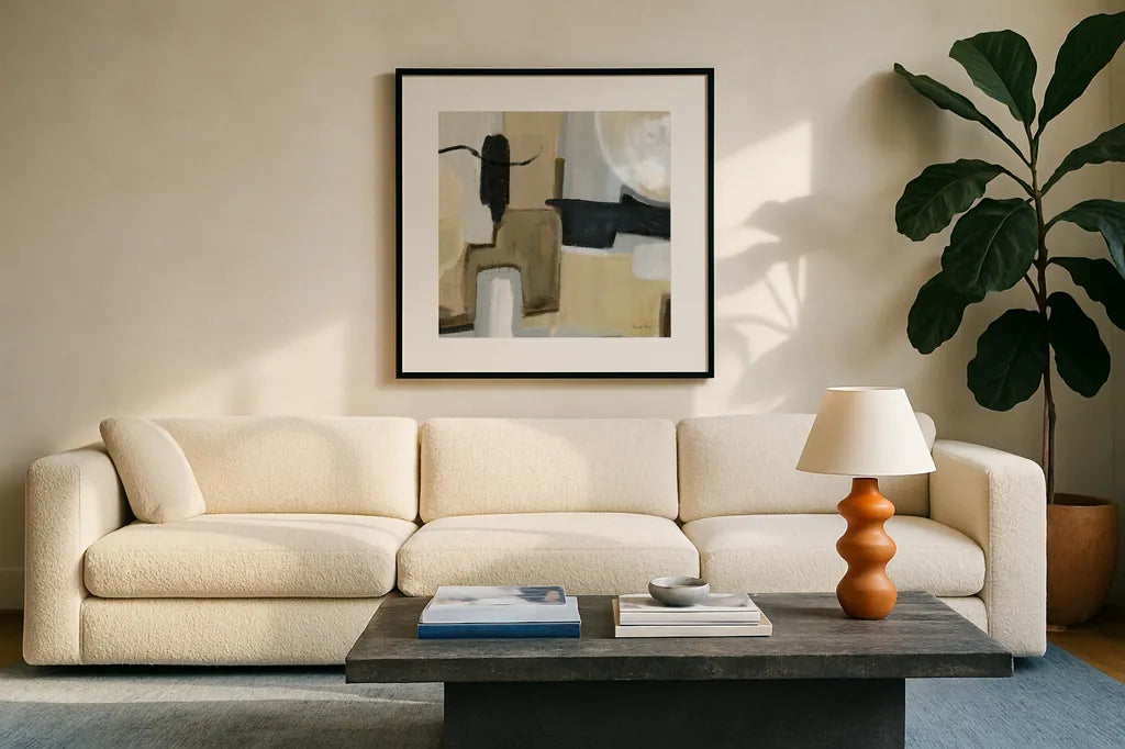 Earthy Abstract I by Farida Zaman. Displayed in a glass frame with matte in a clean modern living room. Available as an archival giclee rolled canvas, fine art paper, or poster print. SKU 61073a.