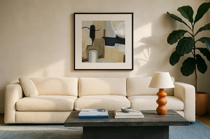 Earthy Abstract I by Farida Zaman. Displayed in a glass frame with matte in a clean modern living room. Available as an archival giclee rolled canvas, fine art paper, or poster print. SKU 61073a.