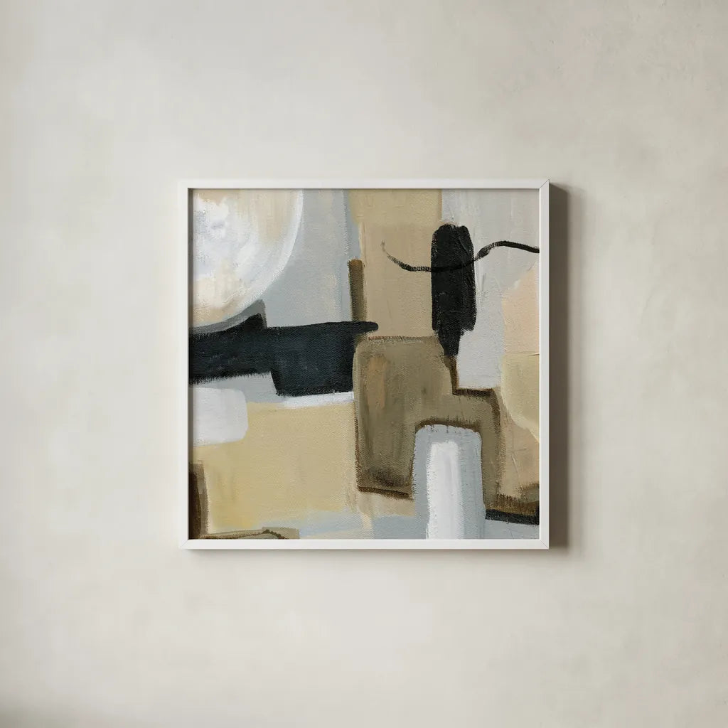 Earthy Abstract I Flipped by Farida Zaman. Shown in a crisp white glass frame for a clean and minimalist style. Available as an archival giclee rolled canvas, fine art paper, or poster print. SKU 67341a.