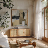 Earthy Abstract I Flipped by Farida Zaman. Shown in a natural wood frame in a cozy modern living room. Available as an archival giclee rolled canvas, fine art paper, or poster print. SKU 67341a.