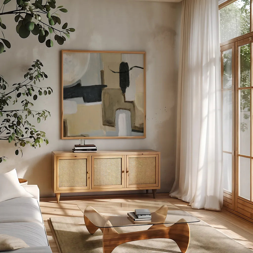 Earthy Abstract I Flipped by Farida Zaman. Shown in a natural wood frame in a cozy modern living room. Available as an archival giclee rolled canvas, fine art paper, or poster print. SKU 67341a.