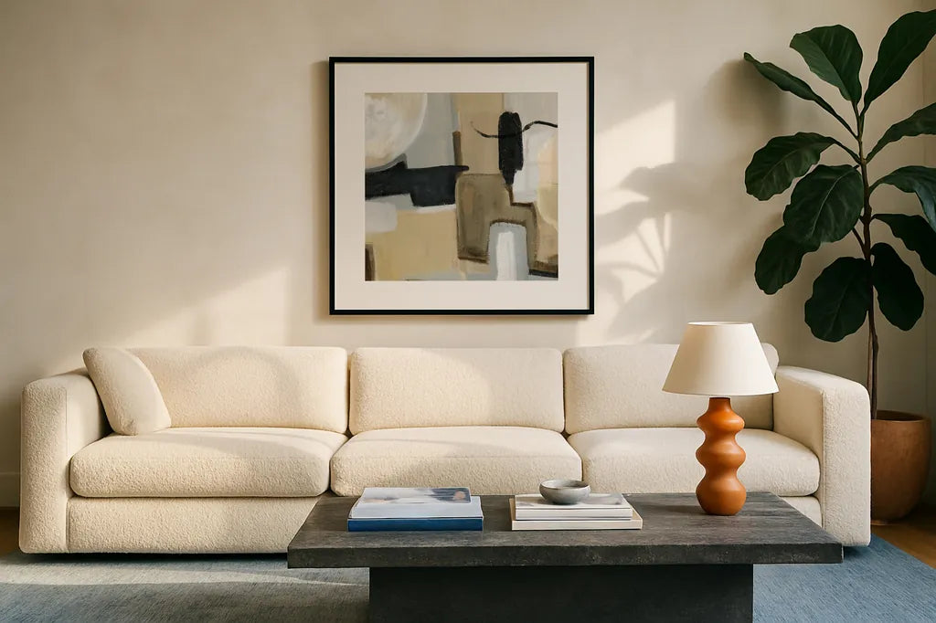 Earthy Abstract I Flipped by Farida Zaman. Displayed in a glass frame with matte in a clean modern living room. Available as an archival giclee rolled canvas, fine art paper, or poster print. SKU 67341a.
