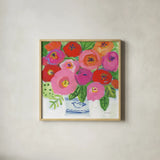 Elegant Bouquet by Farida Zaman. Shown in a natural wood glass frame for a timeless modern aesthetic. Available as an archival giclee rolled canvas, fine art paper, or poster print. SKU 96317a.