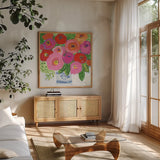 Elegant Bouquet by Farida Zaman. Shown in a natural wood frame in a cozy modern living room. Available as an archival giclee rolled canvas, fine art paper, or poster print. SKU 96317a.