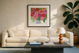 Elegant Bouquet by Farida Zaman. Displayed in a glass frame with matte in a clean modern living room. Available as an archival giclee rolled canvas, fine art paper, or poster print. SKU 96317a.