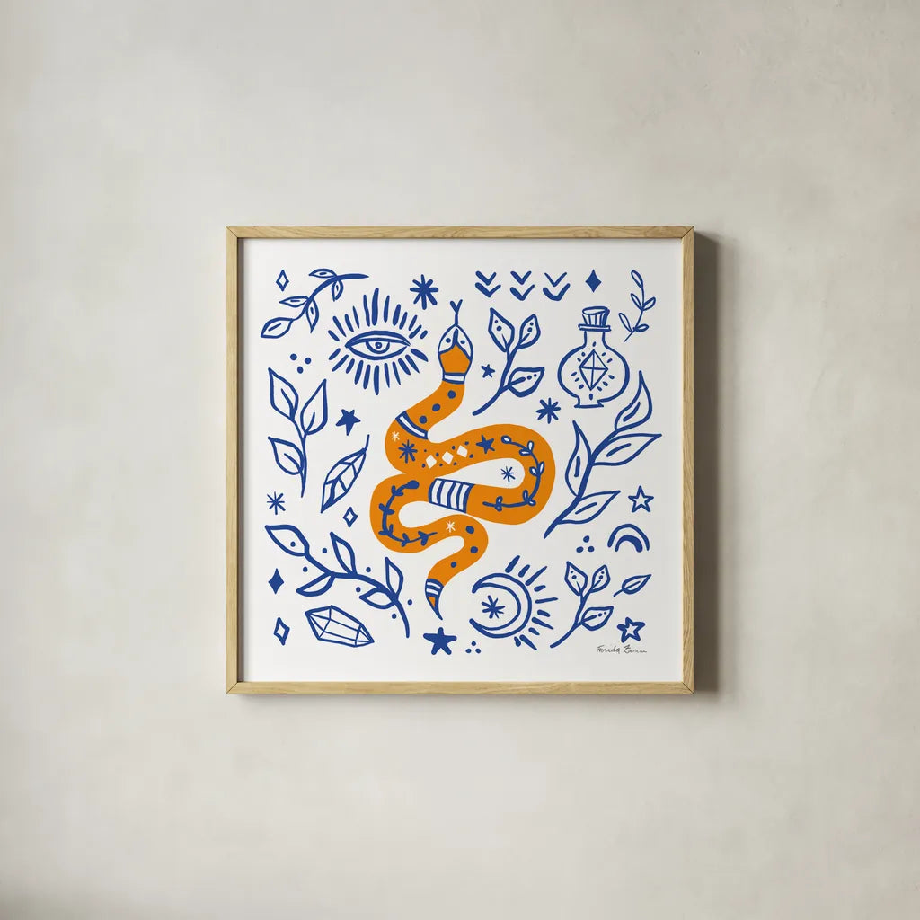 Everyday Mystic V by Farida Zaman. Shown in a natural wood glass frame for a timeless modern aesthetic. Available as an archival giclee rolled canvas, fine art paper, or poster print. SKU 85728a.