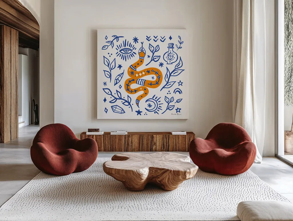 Everyday Mystic V by Farida Zaman. Shown as extra-large giant wall art in a modern living room. Available as an archival giclee rolled canvas, fine art paper, or poster print. SKU 85728a.