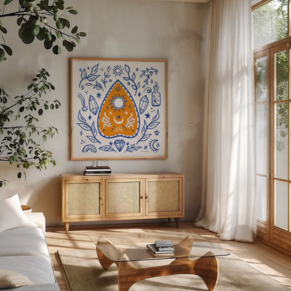 Everyday Mystic VI by Farida Zaman. Shown in a natural wood frame in a cozy modern living room. Available as an archival giclee rolled canvas, fine art paper, or poster print. SKU 85729a.