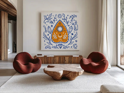 Everyday Mystic VI by Farida Zaman. Shown as extra-large giant wall art in a modern living room. Available as an archival giclee rolled canvas, fine art paper, or poster print. SKU 85729a.