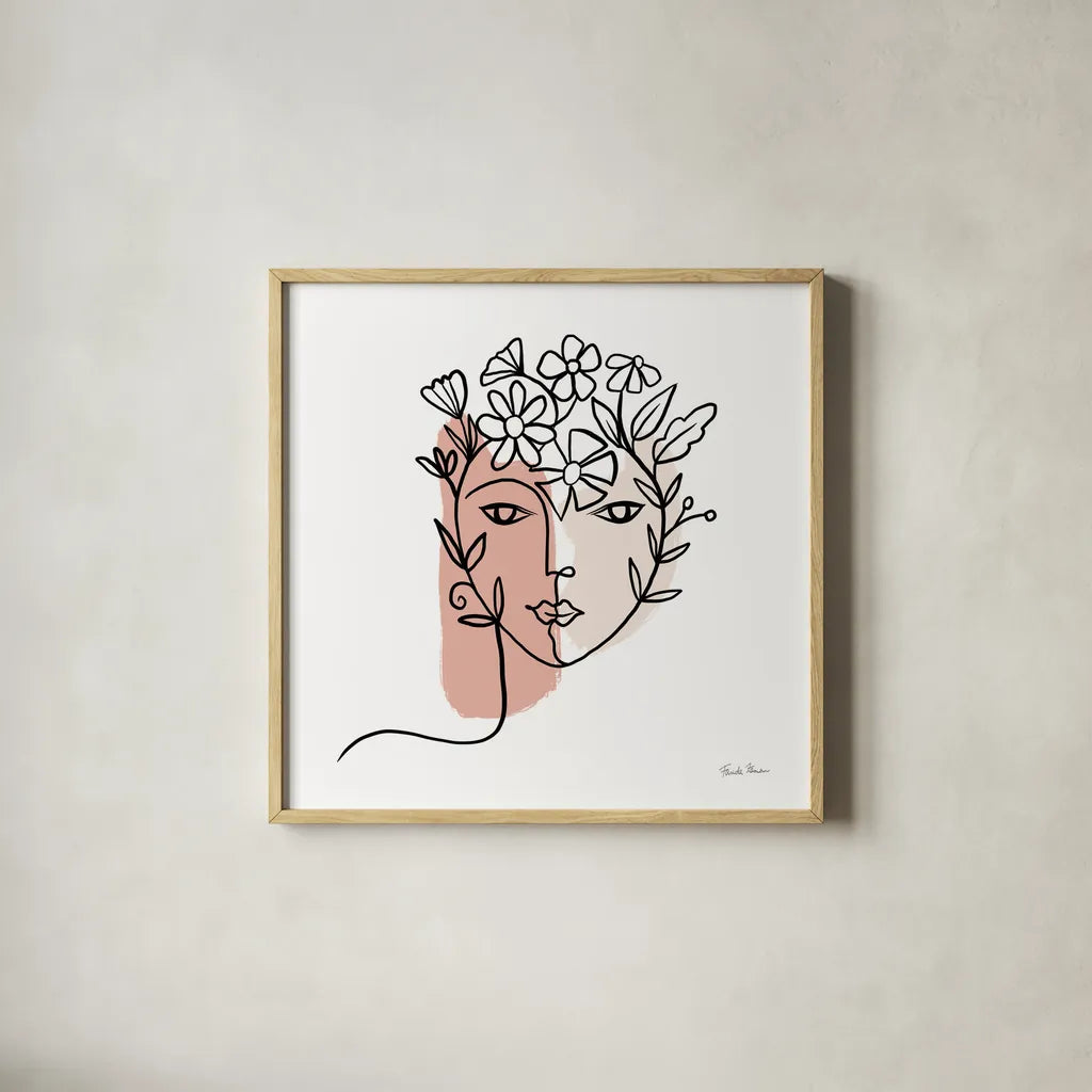 Face of Spring I by Farida Zaman. Shown in a natural wood glass frame for a timeless modern aesthetic. Available as an archival giclee rolled canvas, fine art paper, or poster print. SKU 64606a.