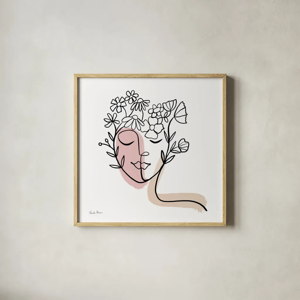 Face of Spring II by Farida Zaman. Shown in a natural wood glass frame for a timeless modern aesthetic. Available as an archival giclee rolled canvas, fine art paper, or poster print. SKU 64607a.